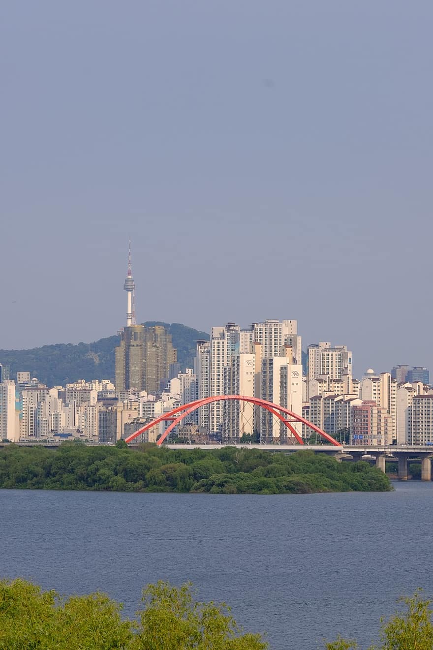река, город, сеул, городской, здания, архитектура, Южная Корея, Gangnam, вечер, заход солнца, городской пейзаж