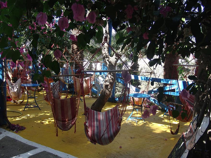 хамаци, на открито, ресторант, кафене, дървета, сянка, Крит
