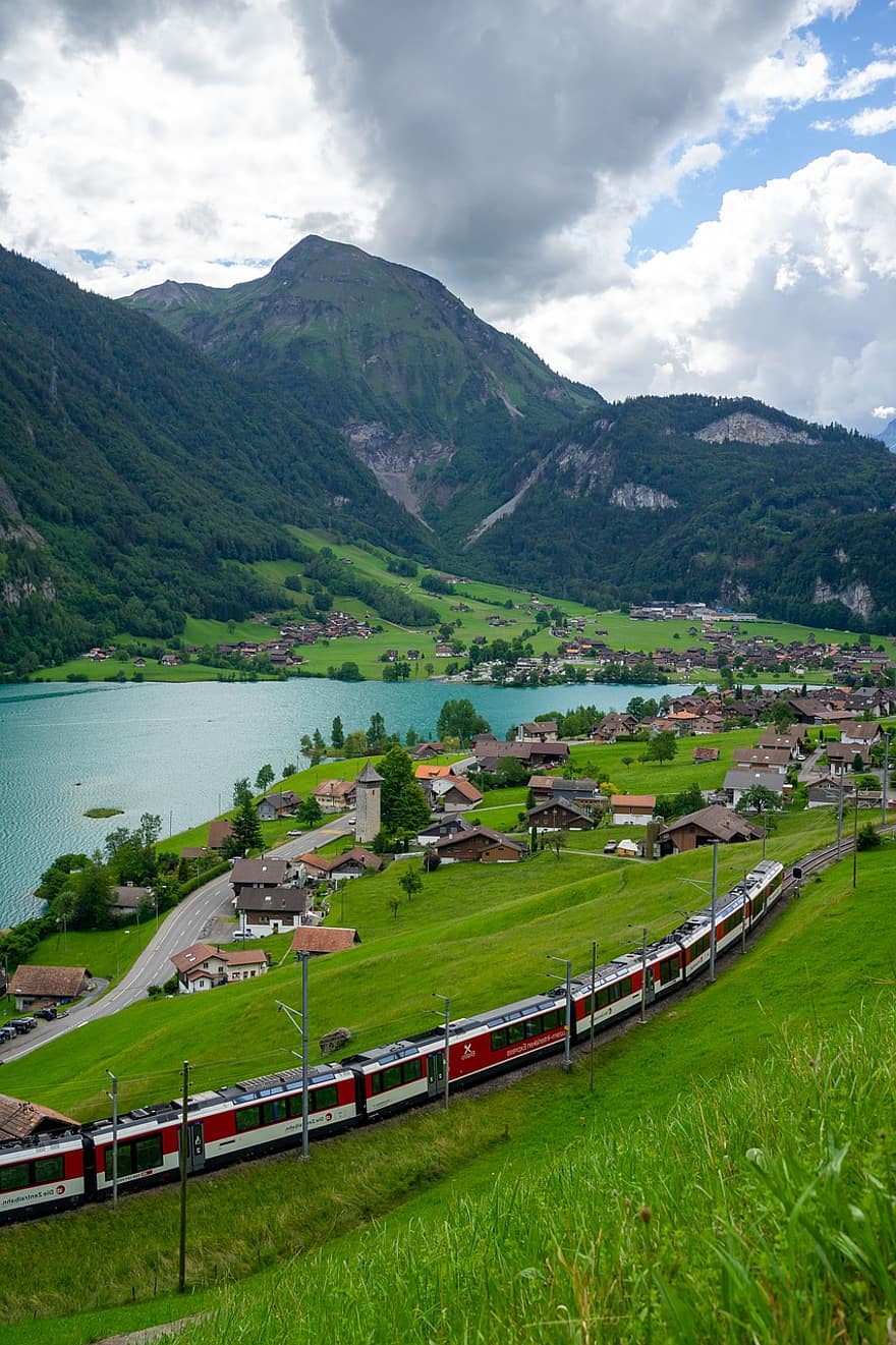 Šveicarija, traukinys, kraštovaizdį, kalnai, vanduo, ežeras, nuotaika, lungern
