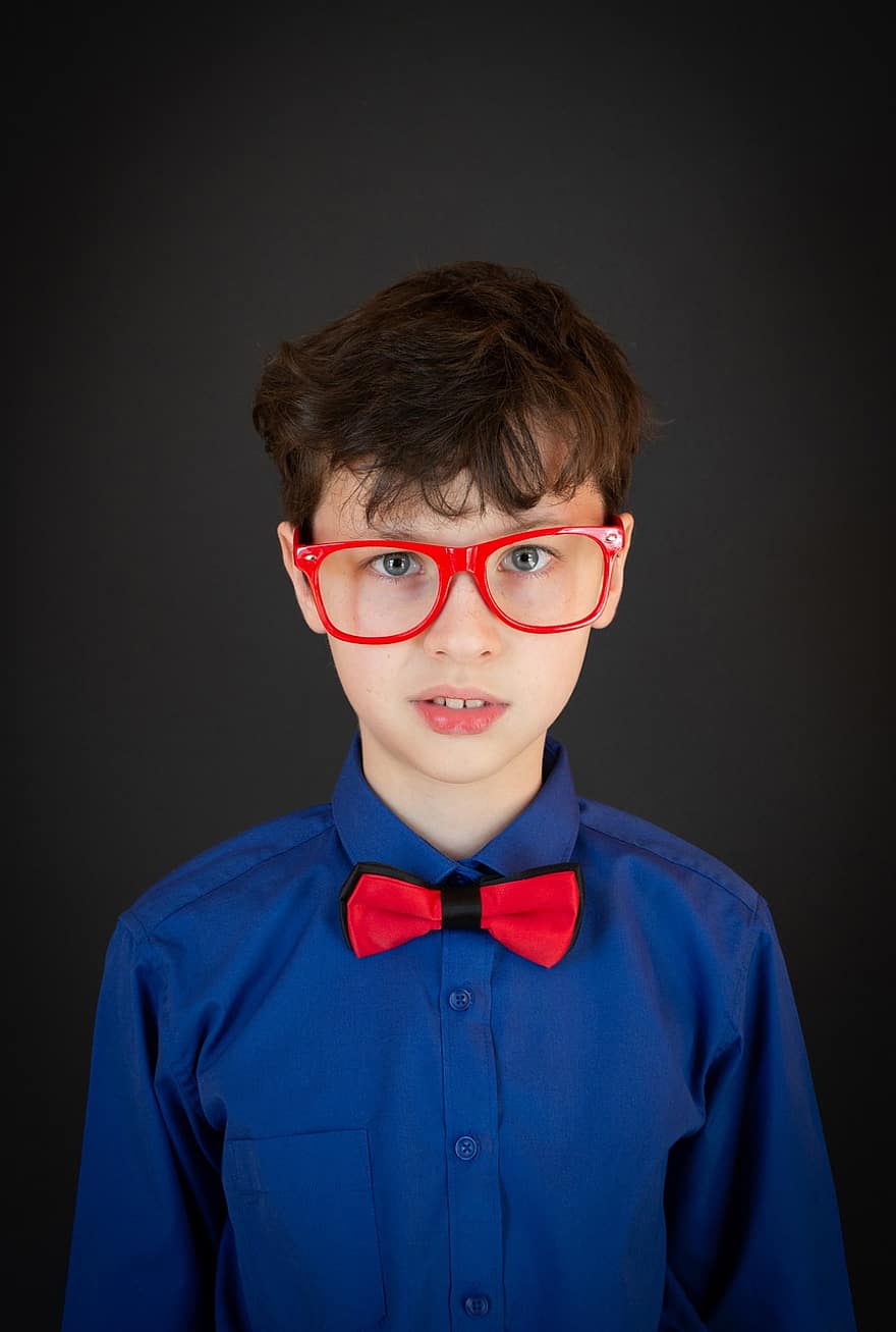 zēns, gudrs, nerd, teen, brilles, skolniece, izcilību, krekls, tauriņš
