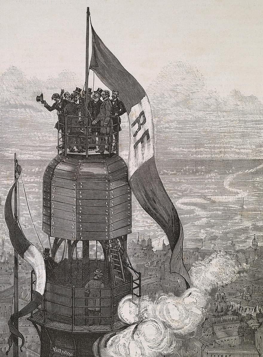 Eiffel torni, Avajaiset huhtikuussa 1889, Rakentaminen päättyi 31. maaliskuuta 1889, Pariisi, Ranska, Eiffel-tornin valmistuminen, Ranskan lippu huipulla, Valmis rakennus, rakentaja, Arkkitehti Gustave Eiffel, antiikki-