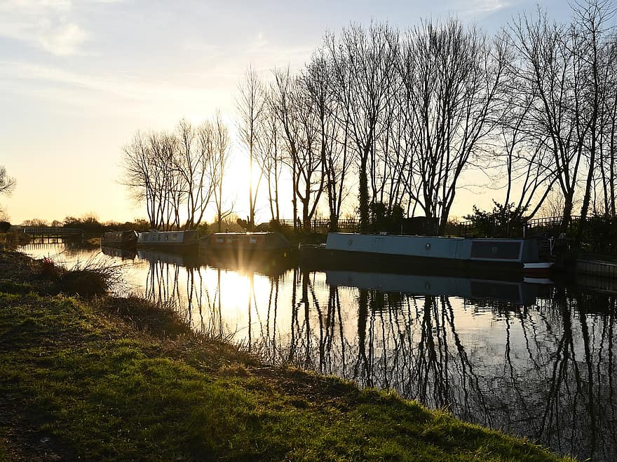 canal, râu, dimineața, natură, Staffordshire, copaci