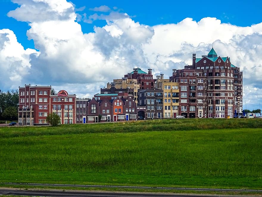 case, edifici, erba, paesaggio urbano, cielo, nuvole, Olanda