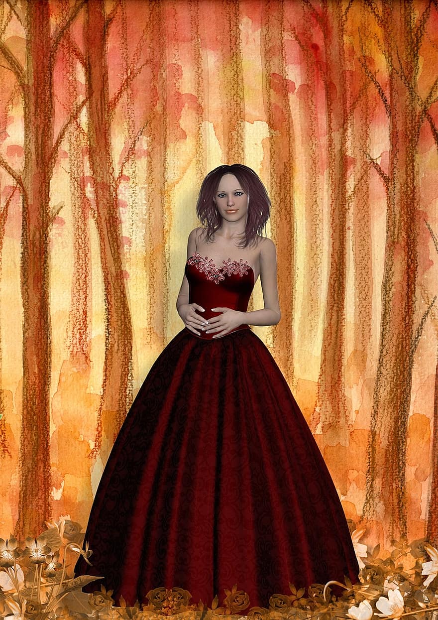 fantazija, mergina, suknelė, raudona, rudenį, medžiai, miškas, plaukai, gėlė, princesė, karalienė
