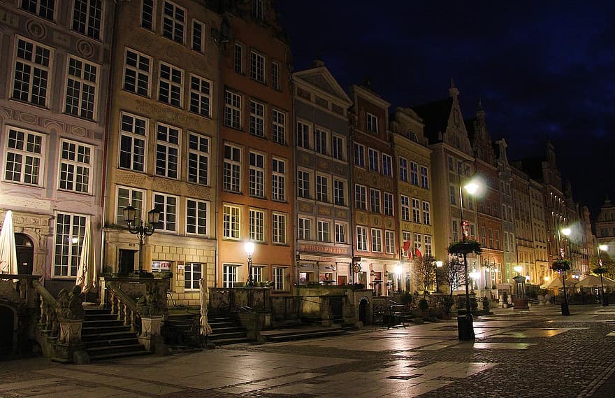 město, noc, Gdaňsk, Polsko