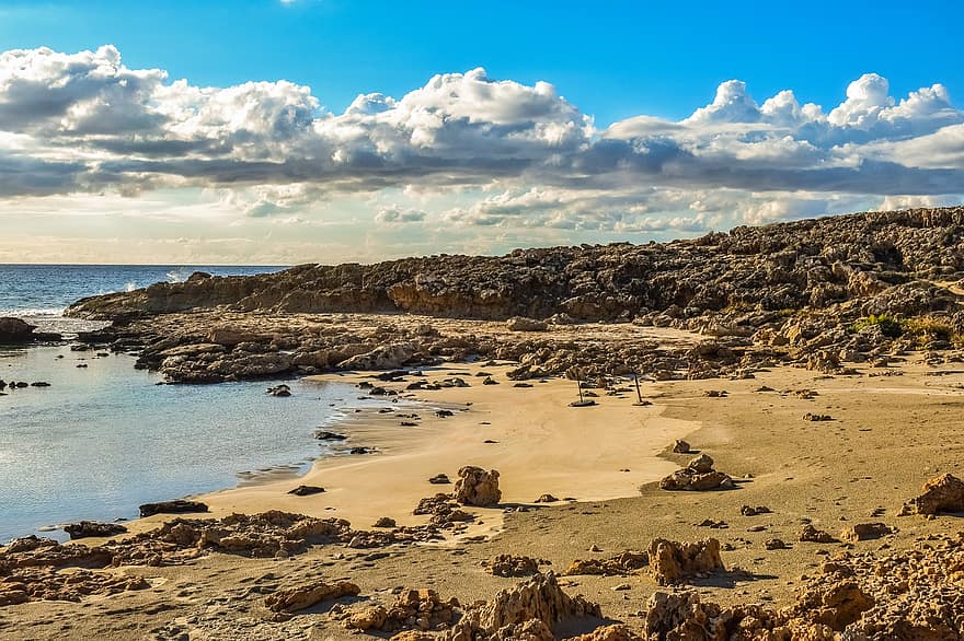 playa, arena, mar, paisaje, cielo, nubes, naturaleza, ayia napa, Chipre, al aire libre, línea costera