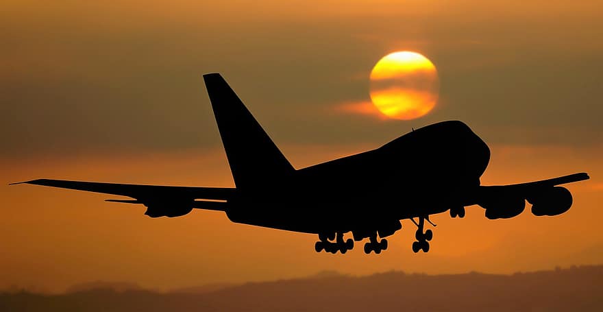 Airplane, Aircraft, Sunset, Aviation, Jet, Sun, Clouds, air vehicle, flying, silhouette, transportation