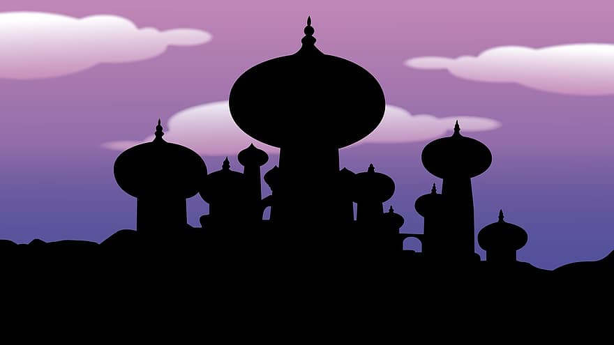 Aladdin, Arabische Nacht, Tempel, 1000 und eine Nacht, Disney, Sonnenuntergang, enorm, imposant, atmosphärisch, Fotomontage, Grafik