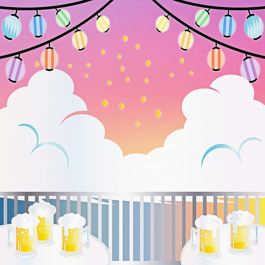 Outdoor Bar, Beer, Sea, Lanterns, Balcony, Sky, Stars, Clouds, Alcohol, Drink, Glass