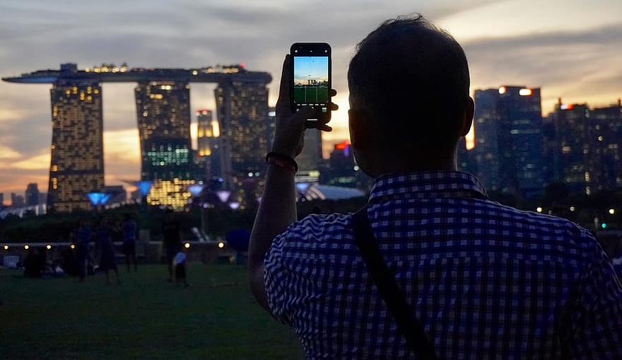 kamera, fotografi, singapore, stad, resa, solnedgång, iphone, graf, män, natt, stadsbild