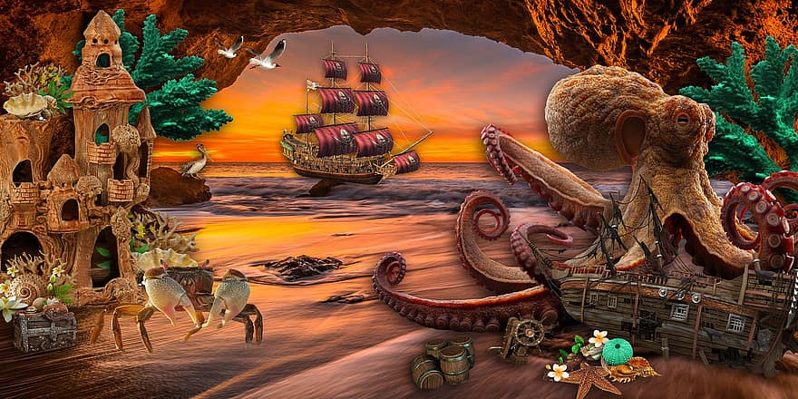 Ship, Crab, Octopus, Treasure, Shells, Beach, Cave, Sea, Ocean