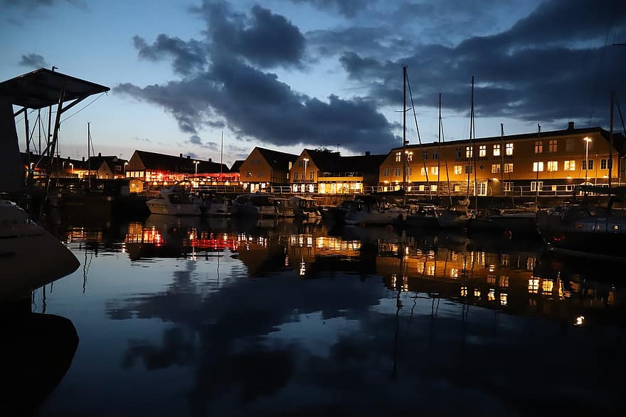 Harbor, Village, Night, Buildings, Pier, Marina, Boats, dusk, nautical vessel, water, sunset