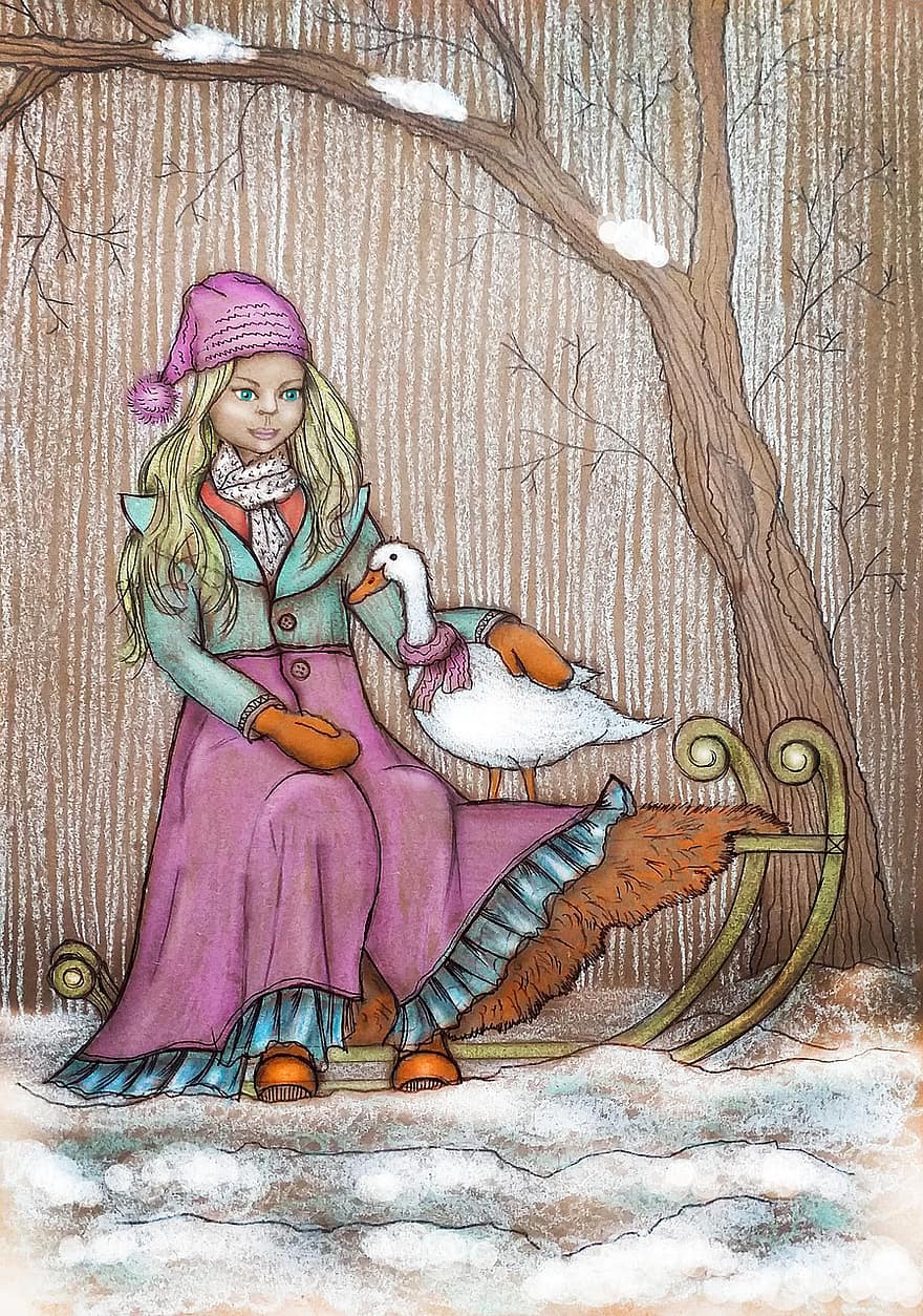 Girl, Postcard, New Year's Eve, Christmas, Winter, Goose, Sani, Forest, Holiday, Figure, Blonde
