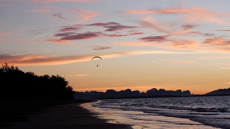Paragliding, Sea, Sunset, Dusk, Beach, Parasailing