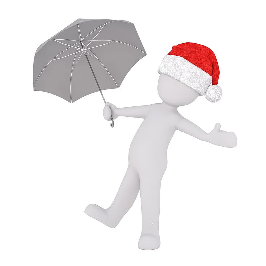 hari Natal, laki-laki kulit putih, seluruh tubuh, topi santa, Model 3d, angka, terpencil, payung, hujan, layar, basah