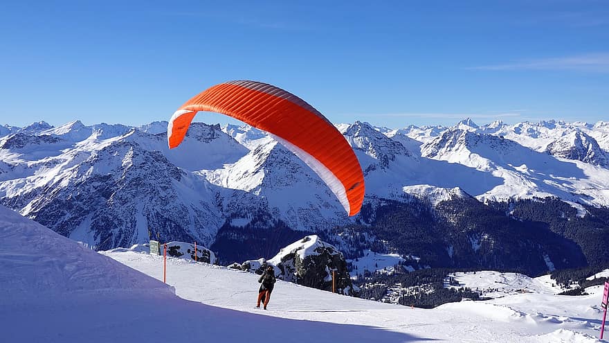 paragliding, kalni, sniegs, paraglider, slēpošanas kūrorts, virsotnes, kalnu grēda, ziemā, sniega sega, raksturs, ainavu