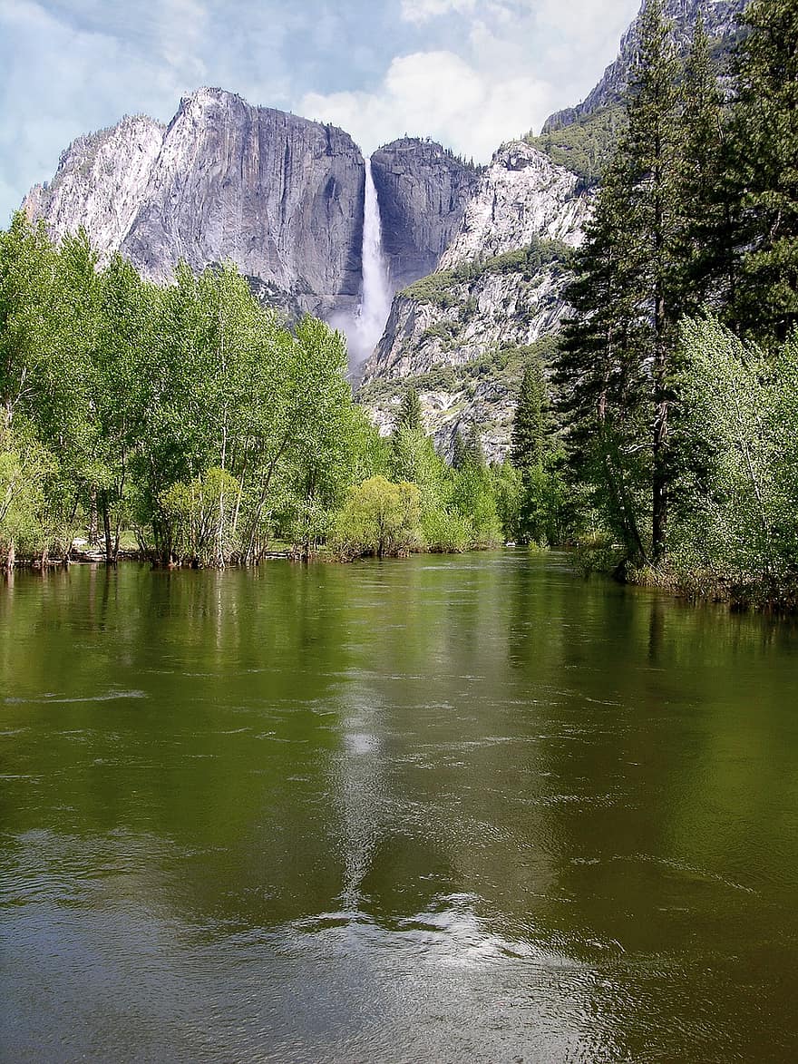 नदी, झरना, पहाड़ों, क्लिफ, Yosemite, वन, पेड़, पानी, प्रतिबिंब, वुड्स, प्रकृति