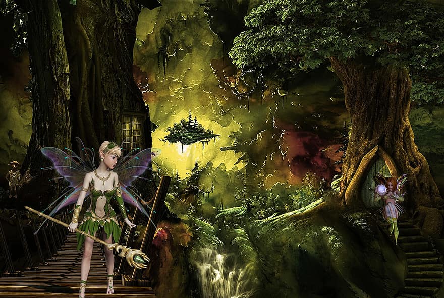 заден план, гора, къща на дърво, мистична, фея, фантазия, женски пол, характер, дигитално изкуство