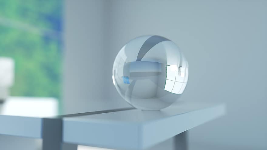 orbe de vidre, 3d, render, orbe, vidre, esfera, decoració, pilota, oficina, globus, taula