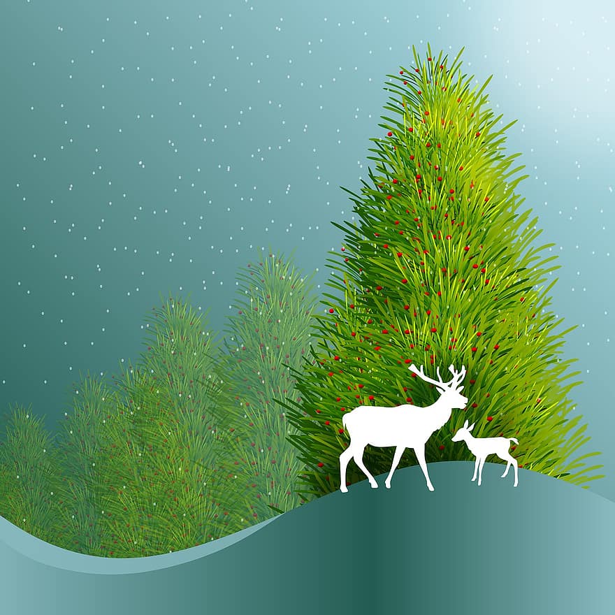 il·lustració, Nadal, alces, cérvol, animal, bosc, pinheiro, neu, hivern, fred, festiu