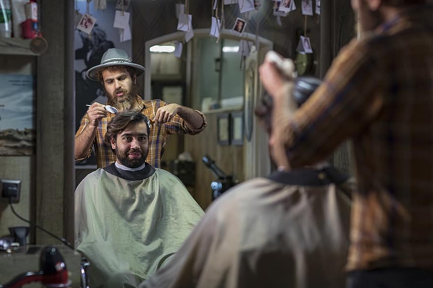 подстригване, работа, професия, бизнес, Иран, Машхад, хора, фризьор, клиент, фризьорски салон, бръснар
