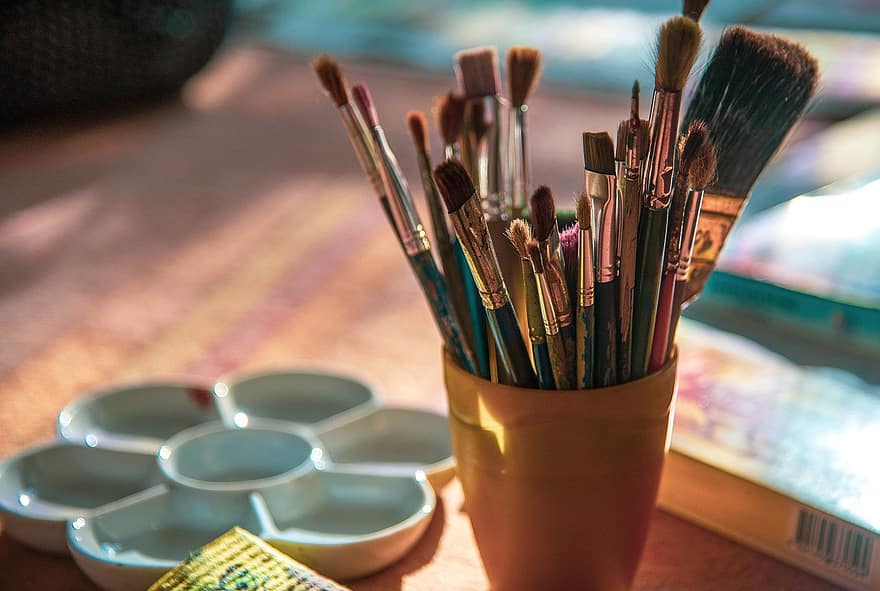 pensel, kunstverktøy, holder, børste, maleri, nærbilde, multi farget, farger, kreativitet, maling, utstyr