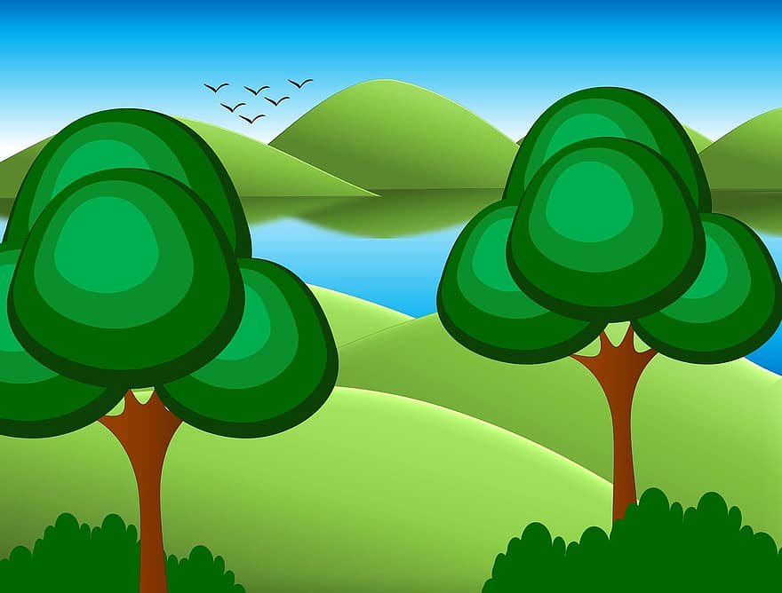 dibuixos animats, fons, arbres, cel, naturalesa, disseny, estiu, primavera, paisatge, dia, verd