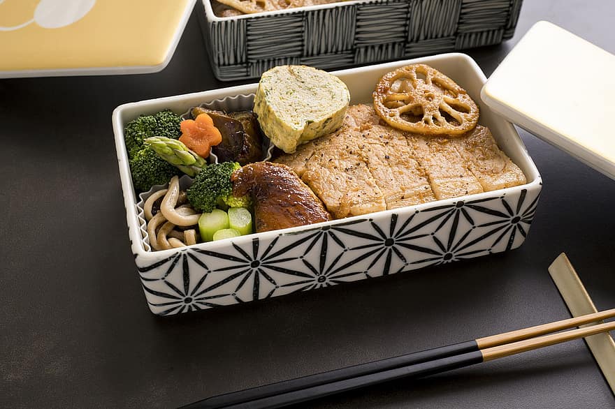 бенто, кутия за обяд, японска кухня, японска храна, японско ястие, храна, брашно, гастроном, месо, зеленчук, плоча