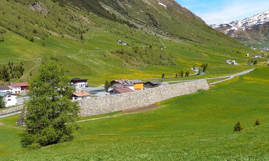 Alpok, falu, vidéki táj, vidéki, Paznaun, Galtür, Lavinát védő fal, Tirol, Ausztria, Lavina verébék, biztonsági fal