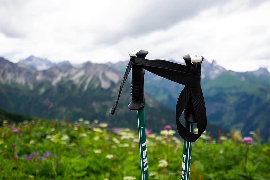 Trekking Poles, Hike, Meadow, Walking Sticks, Trekking, Mountains, Alps, Nature