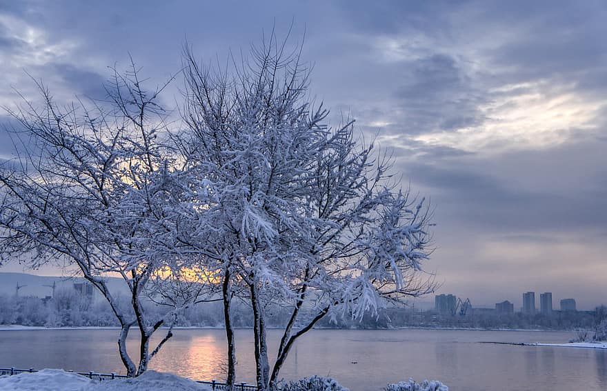 morgen, frost, vinter, flod, tåge, sne, afspejling, sol, solopgang, spadseretur, Rusland
