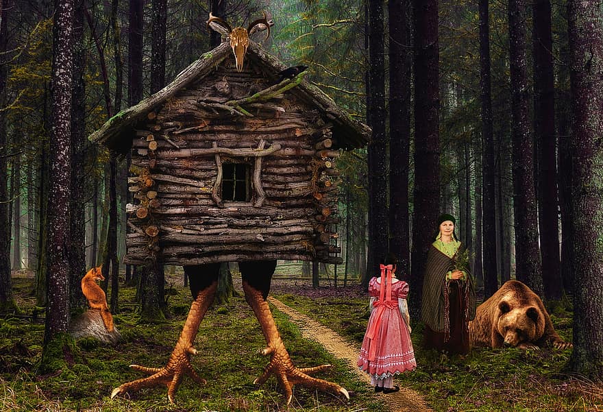 fantazie, příběh, baba yaga, dívka, les, dráha, chata, venkovské scény, kultur, strom, muži