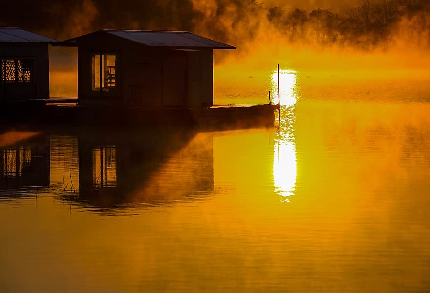 lever du soleil, Matin, Lac, la nature, lumière, eau, silhouette, reflets, ensoleillement