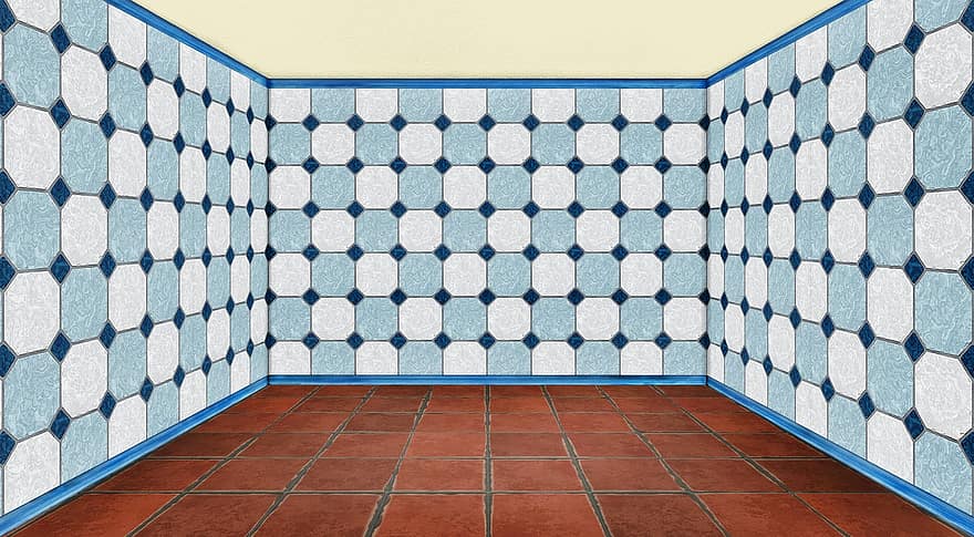 Space, Empty, Interior, Ground, Tiles, Red, Terracotta, Wall Tiles, Blue, White, Rustic