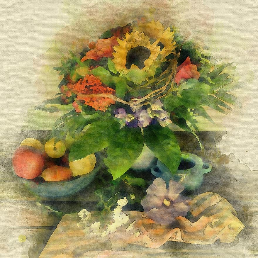 bó hoa, những bông hoa, cây, cái bình hoa, trái cây, trang trí, cuộc sống vẫn còn, lãng mạn, bức vẽ, mùa hè, theo mùa