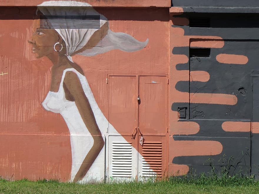 Lisboa, alcantara, graffiti veggen, kvinne, hvit kjole