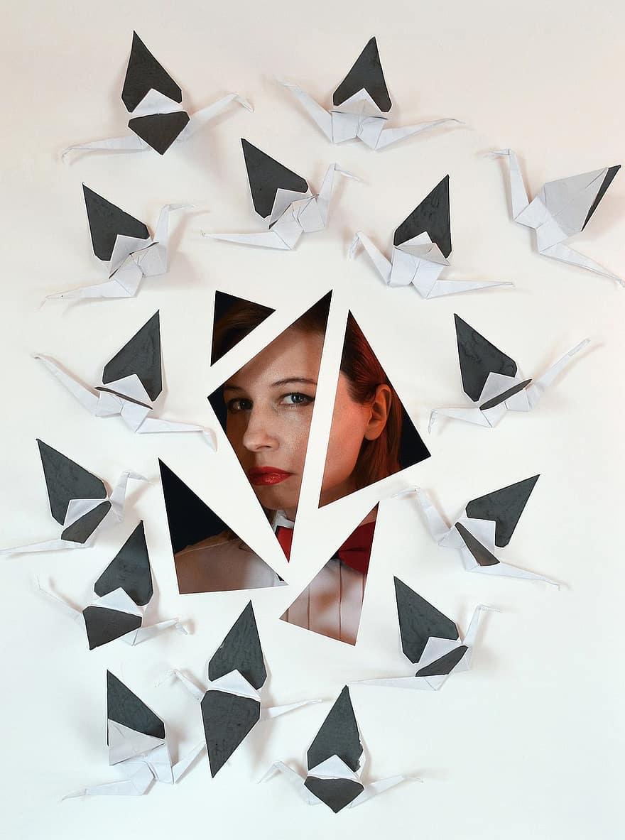 Woman, Paper Cranes, Frame, Origami, Girl, Person, Beauty, Beautiful, Pose, Model, Paper