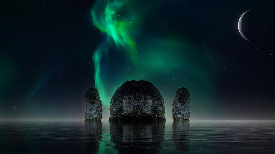 Aurora boreala, formațiuni rock, ocean, mare, orizont, lună, semilună, roci, stâncă, cer, peisaj marin