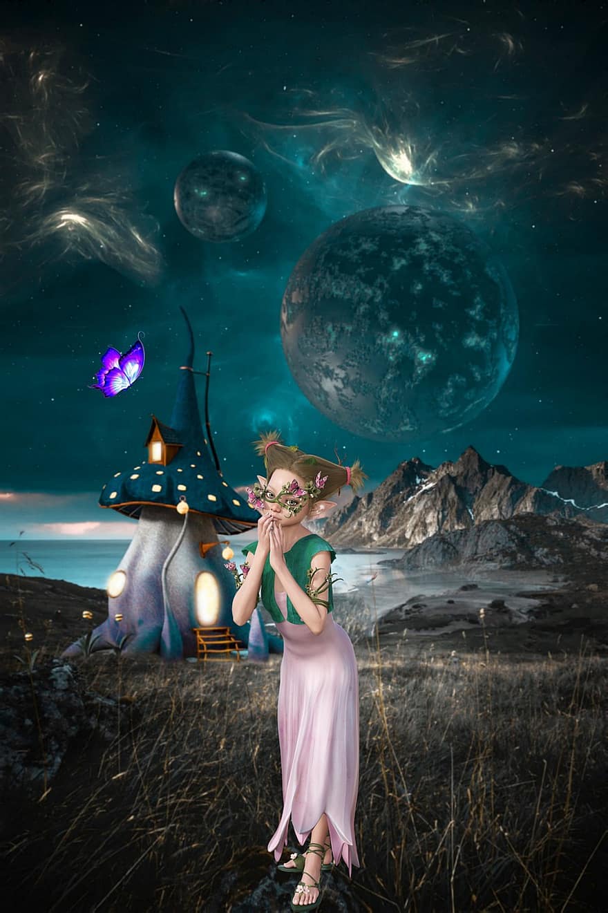 Background, Mystical, Mountains, Planets, Mushroom House, Elf