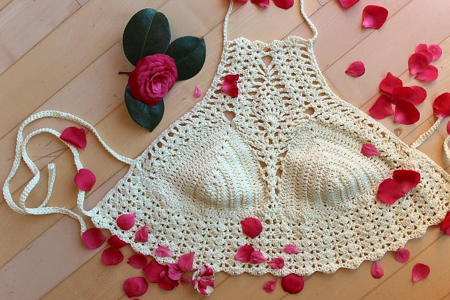 Crochet, Crochet Top, Decorated Top, Crochet Halter Top, Handmade, Natural, Craft, Petals, Romance, Wood, Wooden Floor