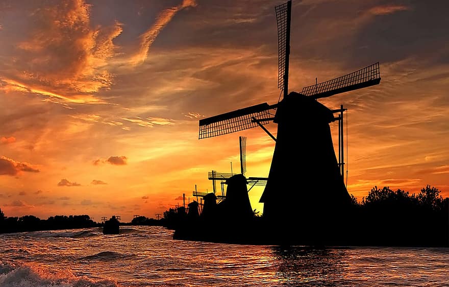 kincir angin, matahari terbenam, pemandangan, pabrik, langit, Belanda, senja, air, laut, kanal, pedesaan
