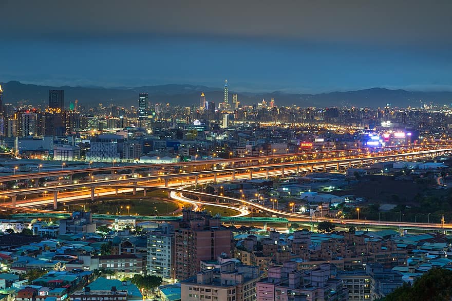 City, Night, Panorama, Lights, Skyscrapers, Buildings, Highway, Road, Downtown, Urban, Cityscape