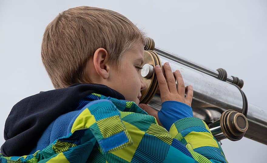 dalekohled, pozorování, dítě, turista
