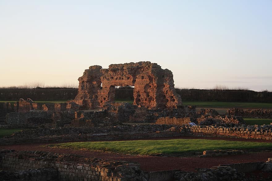 soloppgang, ruin, silhouette, Shropshire, Wroxeter, naturskjønn utsikt, landlig, landskap, skumring, gammel ruin, historie