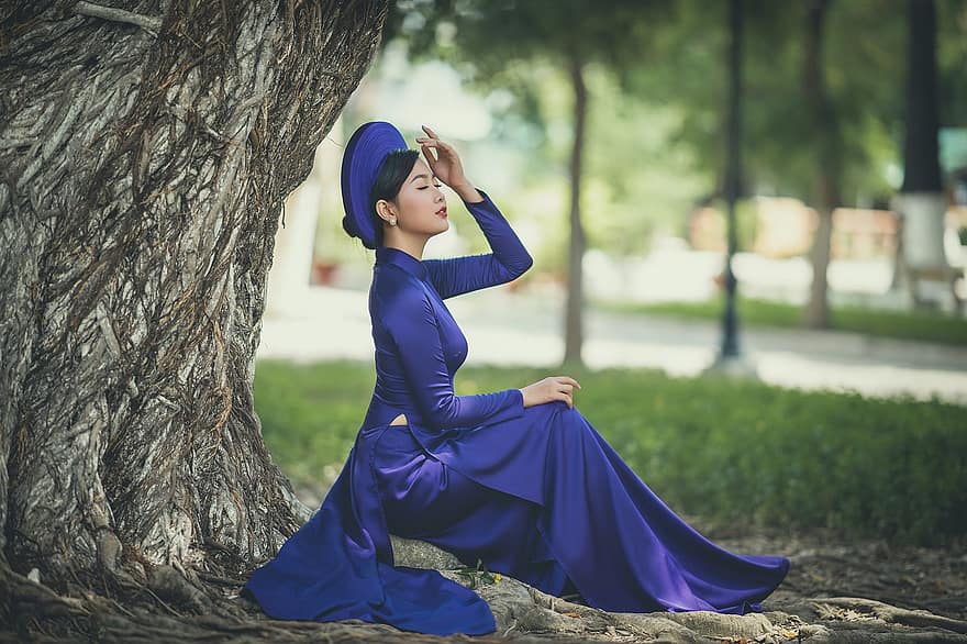 oa dai, mode, vrouw, Vietnamees, Nationale klederdracht van Vietnam, Paars Ao Dai, traditioneel, schoonheid, mooi, meisje, pose