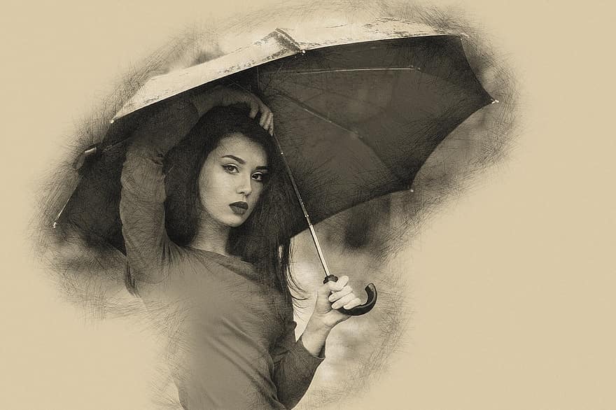 女の子、傘、図、秋、肖像画、美しさ