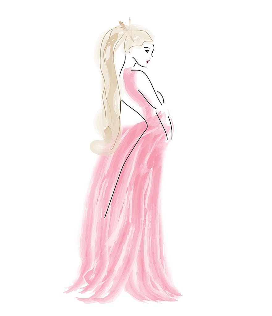 wanita, gaun merah muda, karya seni, gambar