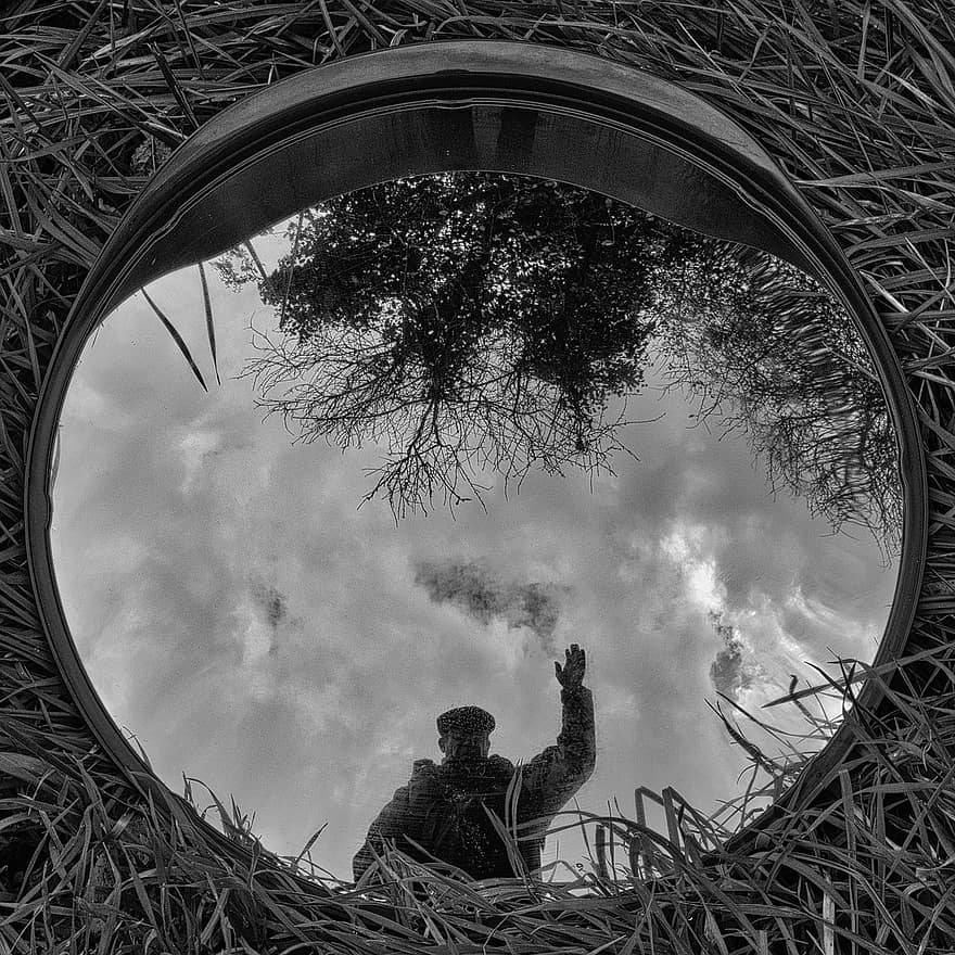 Mirror, Portrait, Man, Sky, men, black and white, one person, tree, adult, grass, landscape
