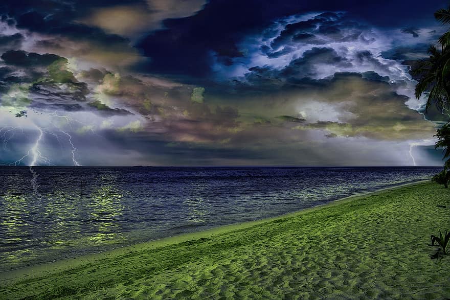 strand, onweersbui, donder, verlichting, duisternis, zee, oceaan, orkaan, water, natuur, wolken
