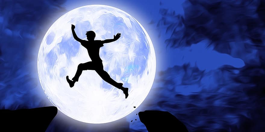 jumping, atlet, sportiv, fitness, lună, noapte, cer, lună plină, lumina lunii, întuneric, astronomie